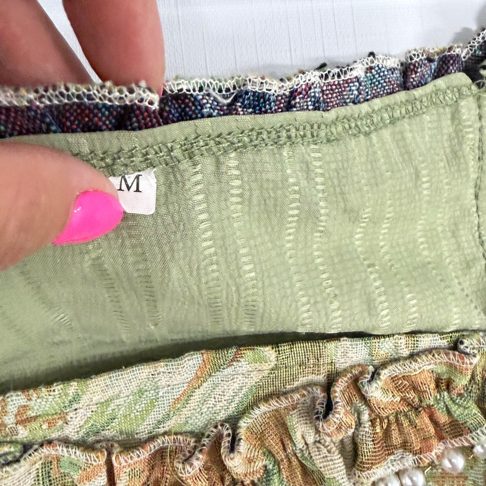 Vintage Style Sage Green Cottagecore Maxi Dress Pearl Floral Tapestry Medium - Picture 3 of 10